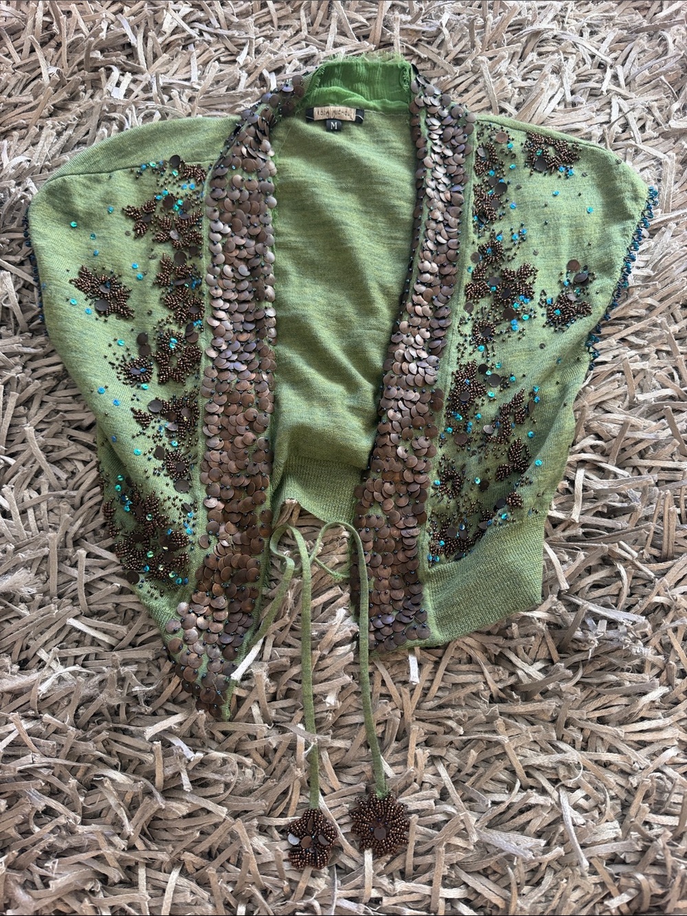 Rozae Nichols Lime Green Beaded Tie-Front Shrug